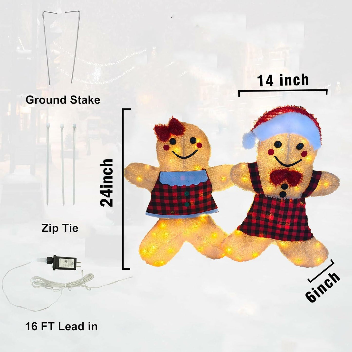 ATTBEA 2FT Pre-lit Gingerbread Man Yard Decoration Set of 2 Warm White LEDs