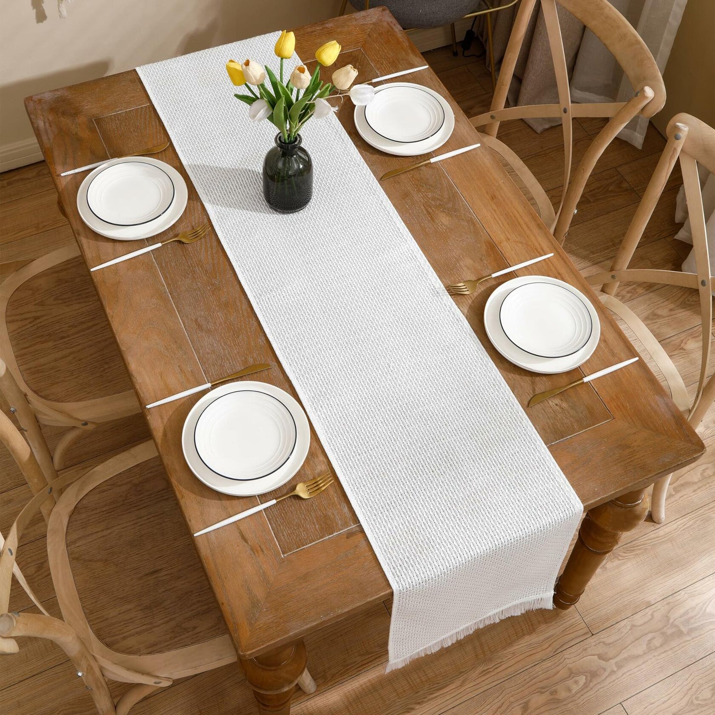 LUOYEHK Boho Table Runner With Fringe 12x108 Inch White Farmhouse Rustic