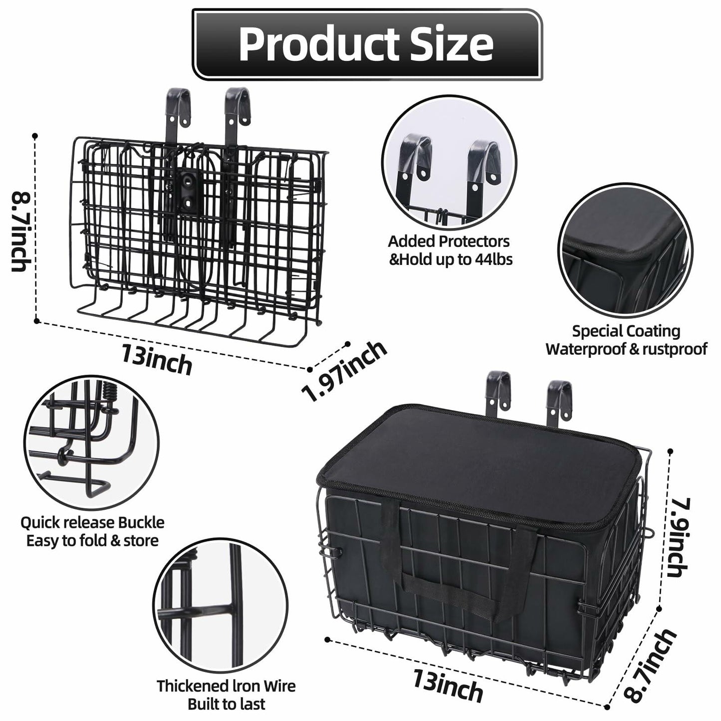 Meta Bike Basket Foldable Front Quick Release Large Black Bicycle Accessory