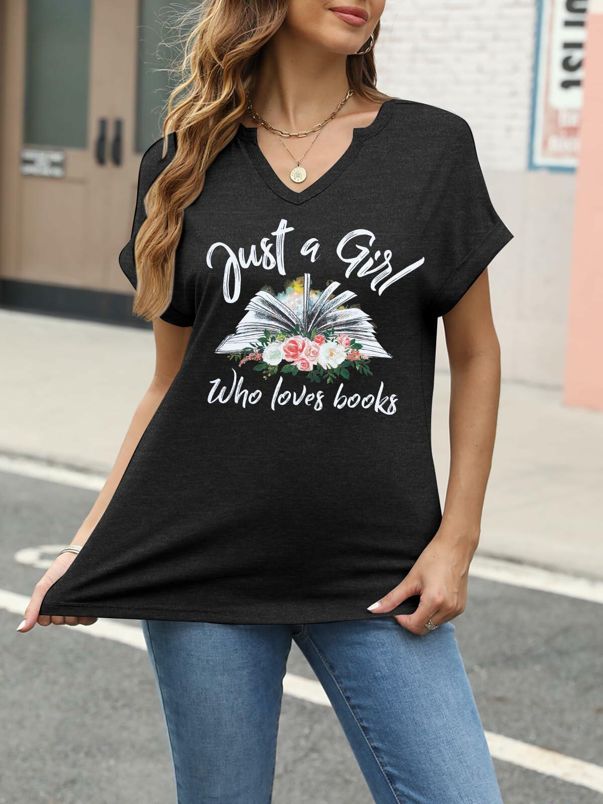 Women Book Lovers Graphic Tee V Neck Short Sleeve Dark Gray Size M