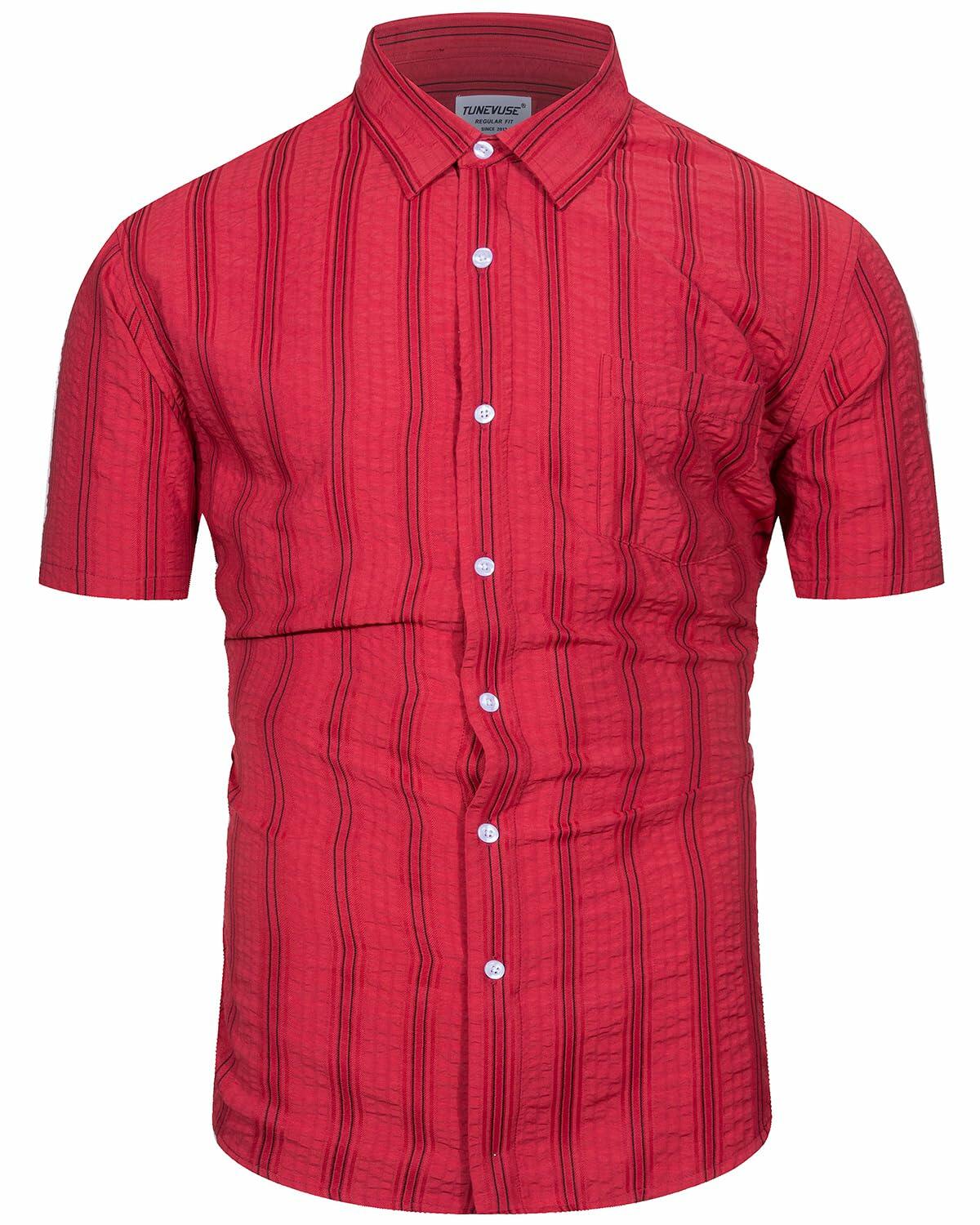 TUNEVUSE Mens Striped Hawaiian Button-Down Shirt Wine Size XL