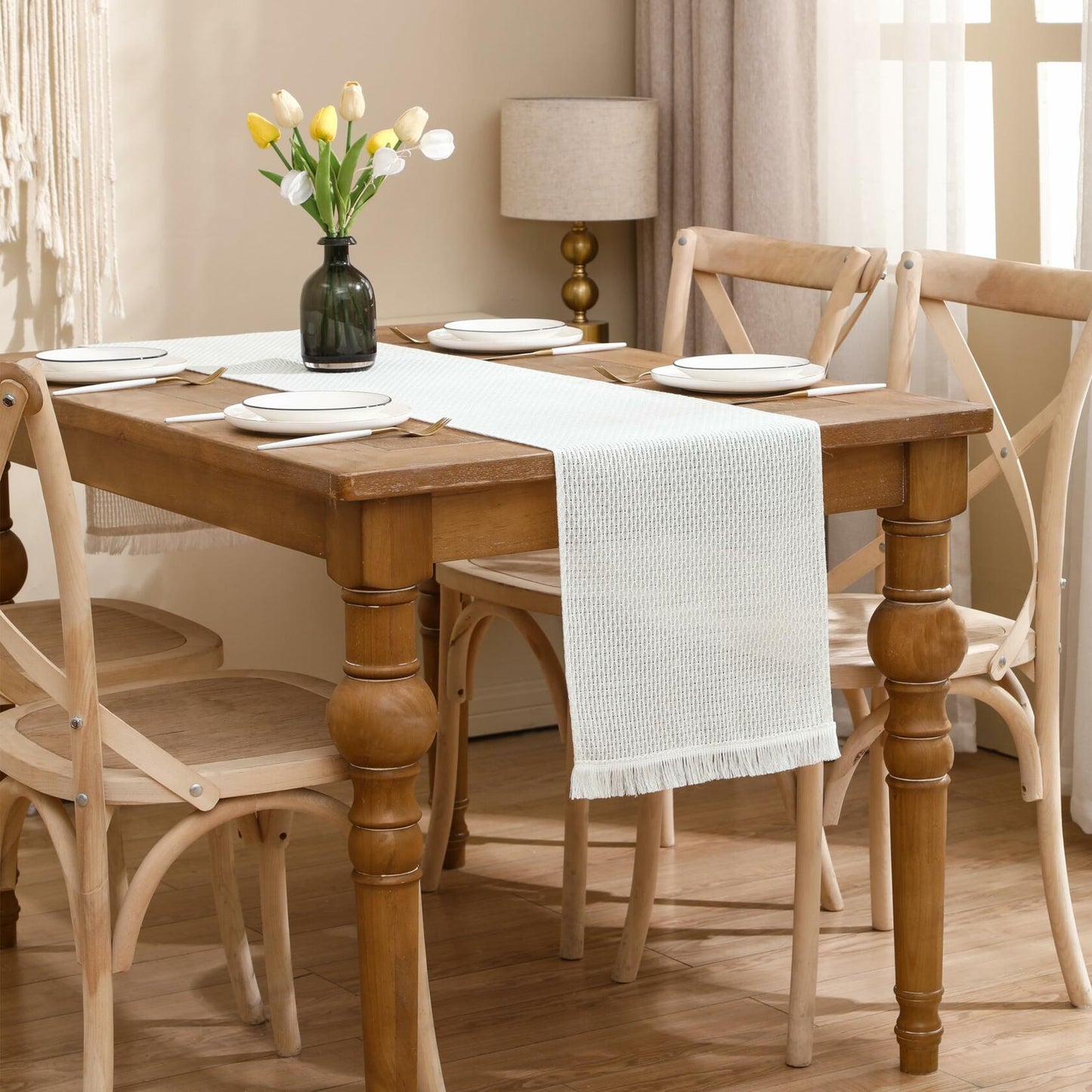 LUOYEHK Boho Table Runner With Fringe 12x108 Inch White Farmhouse Rustic