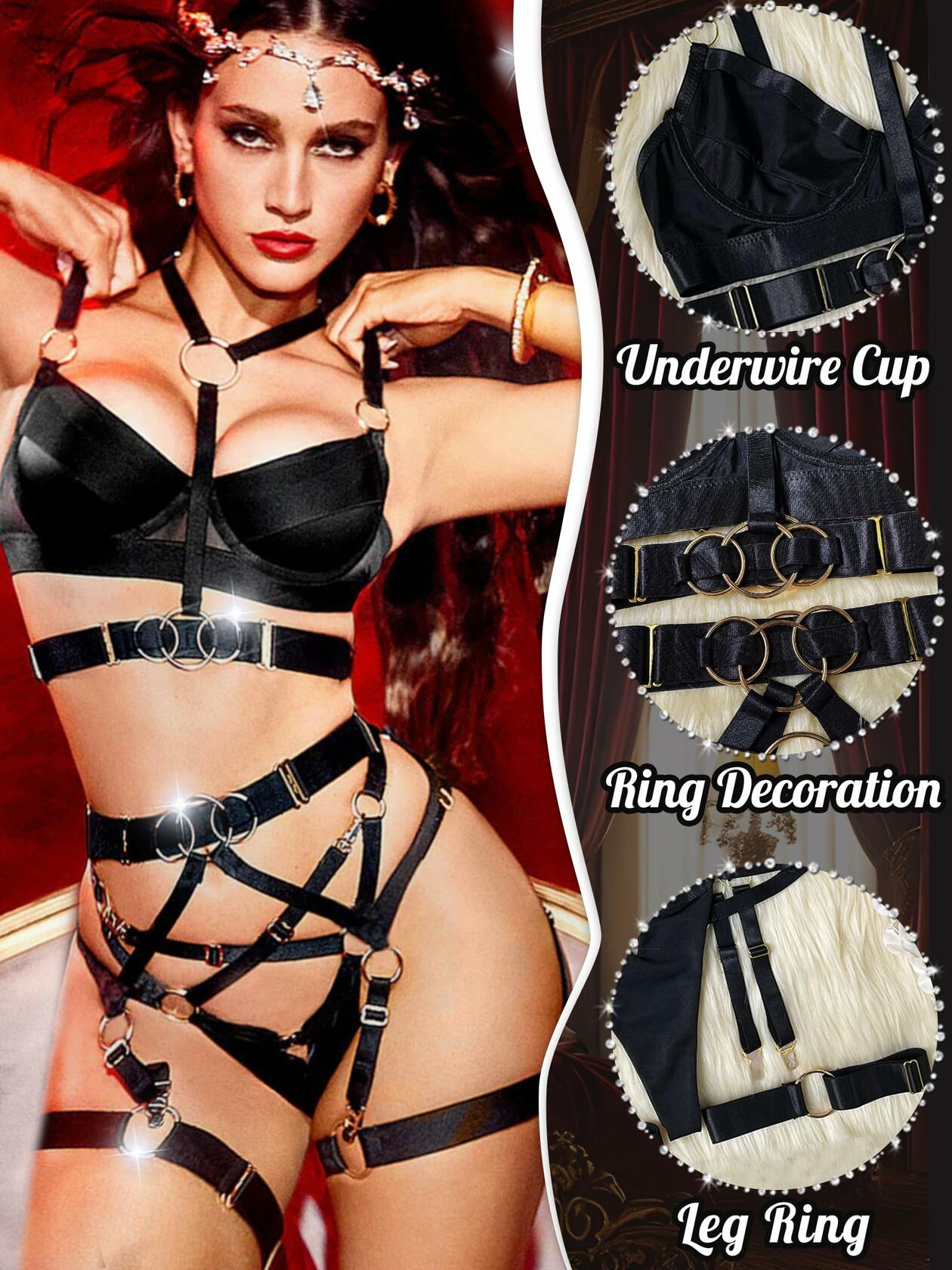 Womens Strappy Underwire Garter Lingerie Set Choker High Waist Black Size L