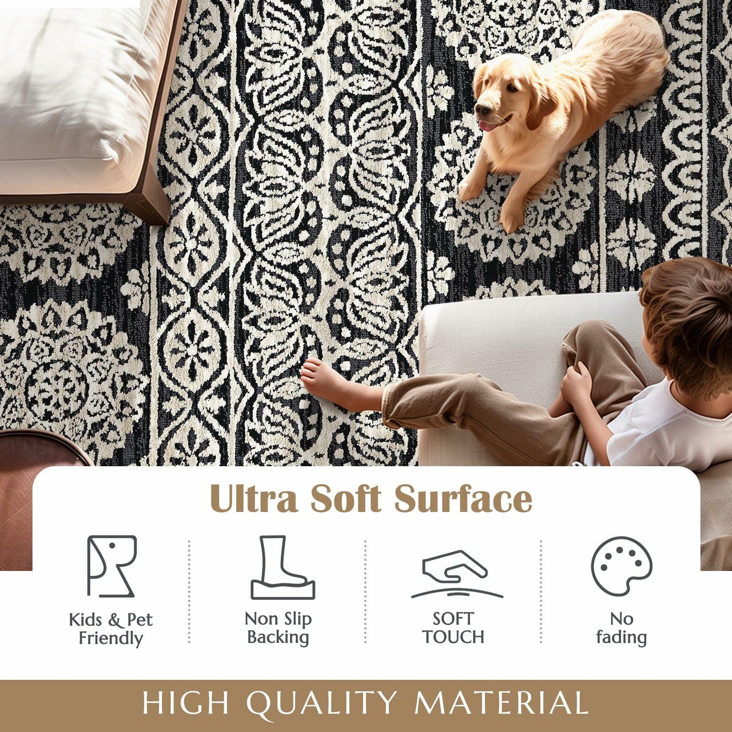 jinchan Boho Area Rug 4x6 Machine Loomed Vintage Floral Black White