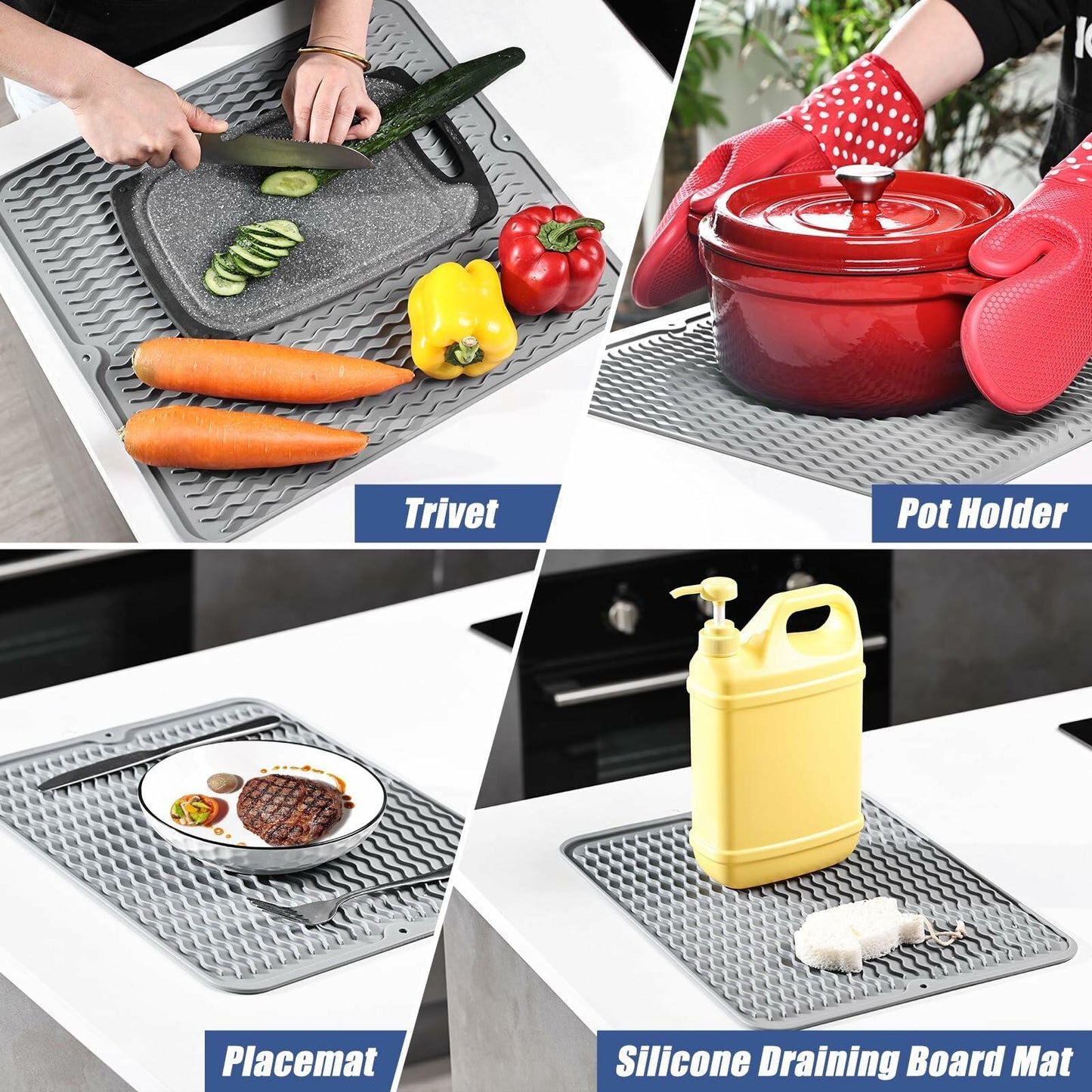 Silicone Dish Drying Mat Heat-Resistant Non-Slip Grey 15.7x17.7 Inch