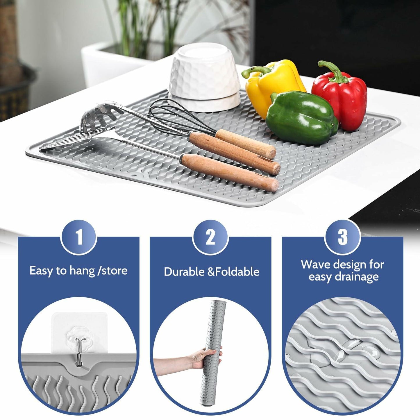 Silicone Dish Drying Mat Heat-Resistant Non-Slip Grey 15.7x17.7 Inch