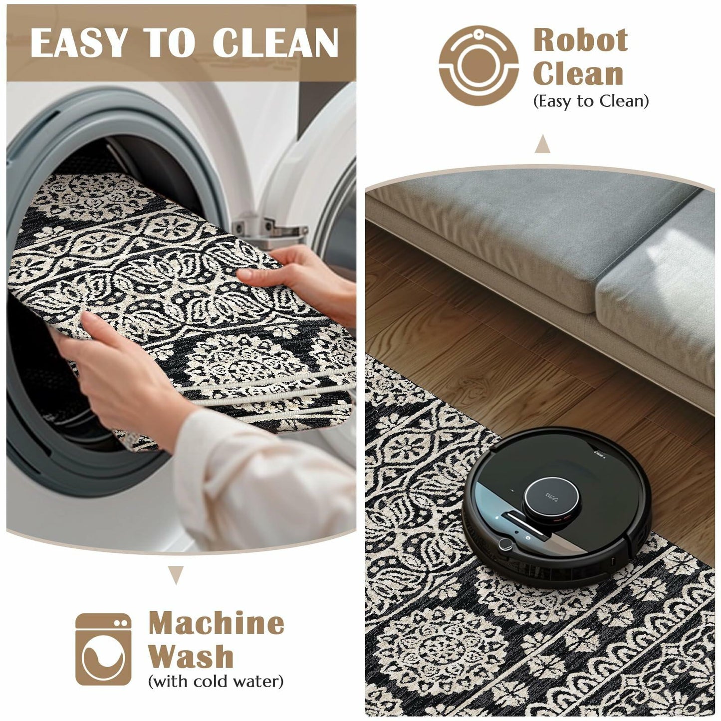 jinchan Boho Area Rug 4x6 Machine Loomed Vintage Floral Black White