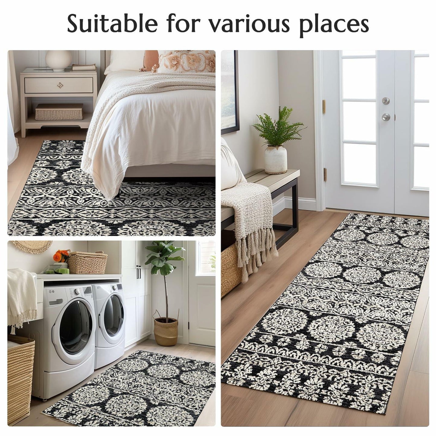 jinchan Boho Area Rug 4x6 Machine Loomed Vintage Floral Black White