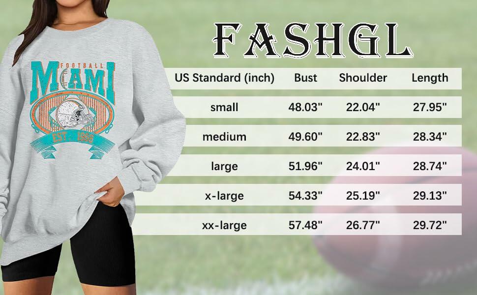 FASHGL Miami Football Sweatshirt Women Oversize Long Sleeve Light Grey XXL