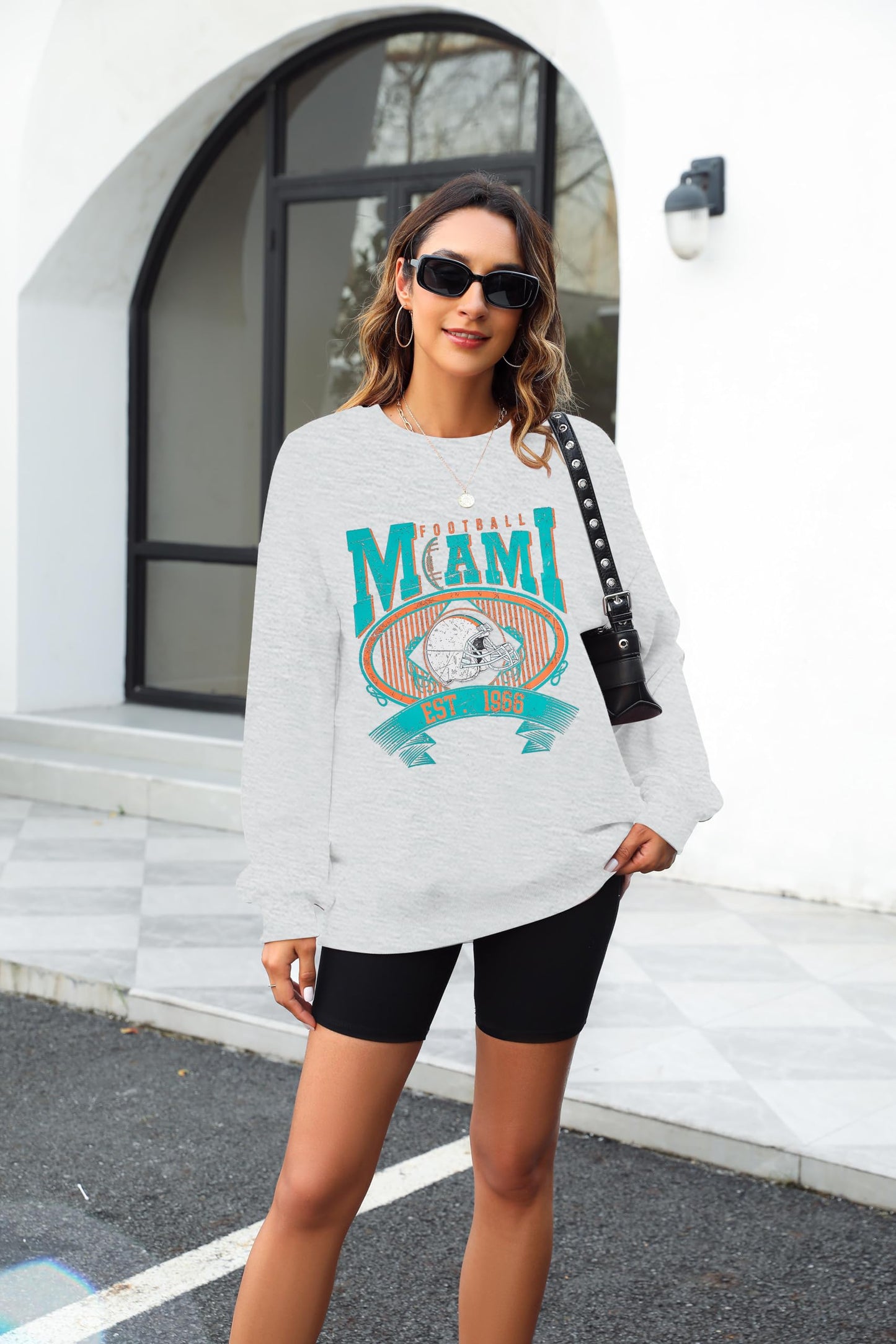 FASHGL Miami Football Sweatshirt Women Oversize Long Sleeve Light Grey XXL