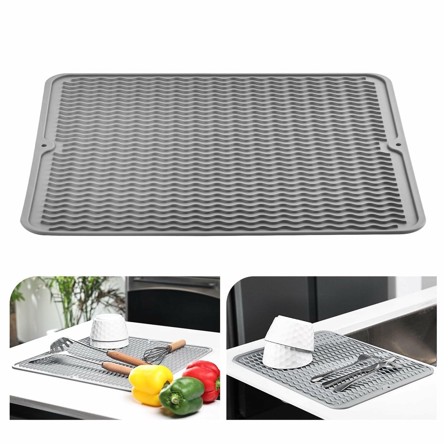Silicone Dish Drying Mat Heat-Resistant Non-Slip Grey 15.7x17.7 Inch