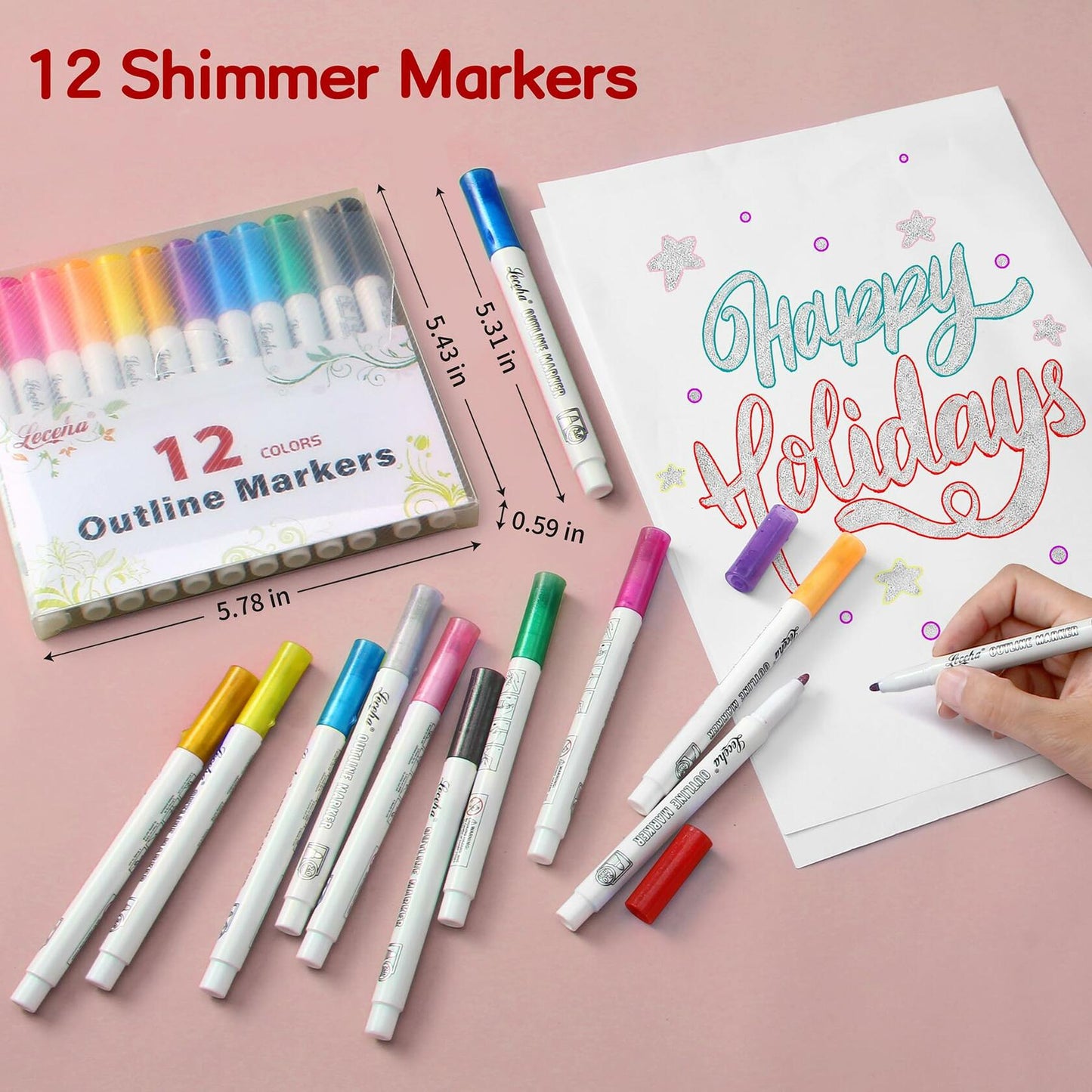 Leceha Metallic Glitter Outline Markers Pens 12 Colors Drawing Kids Teens