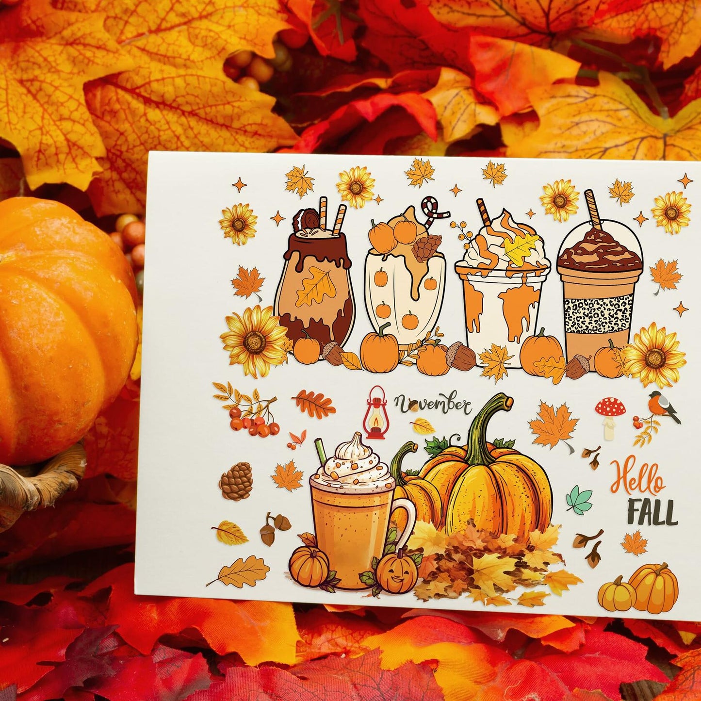 AFRITEE Transfer Stickers 8 Sheets Orange Thanksgiving Autumn Pumpkin Decor