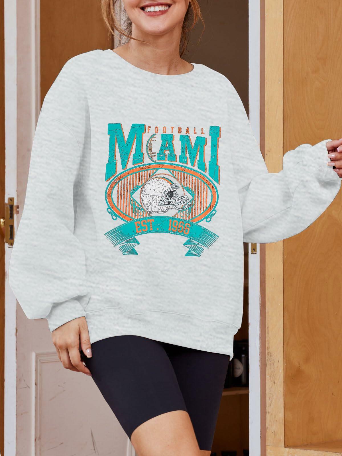 FASHGL Miami Football Sweatshirt Women Oversize Long Sleeve Light Grey XXL