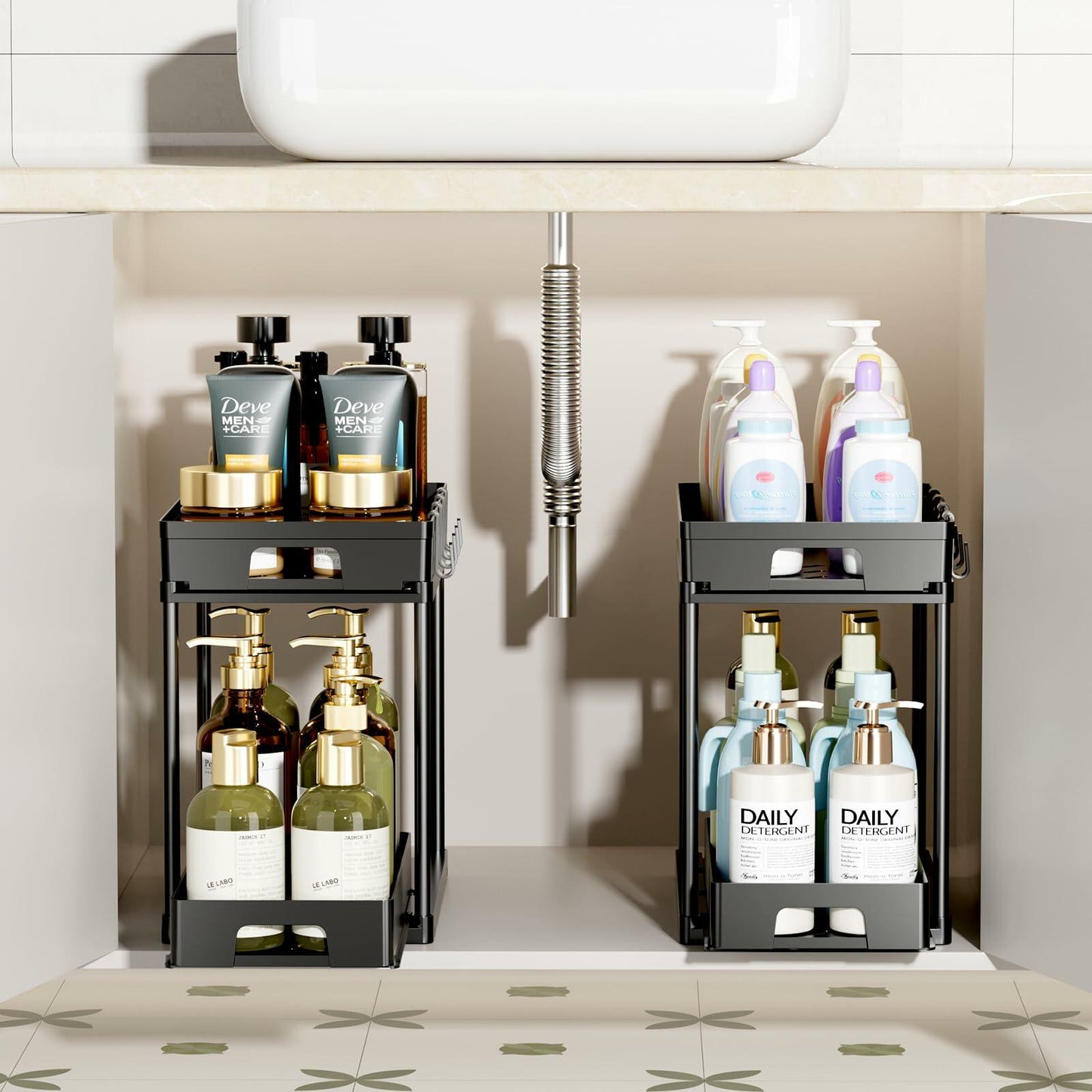 TidyLamu 2 Pack Double Sliding Under Sink Organizers 2 Tier Black