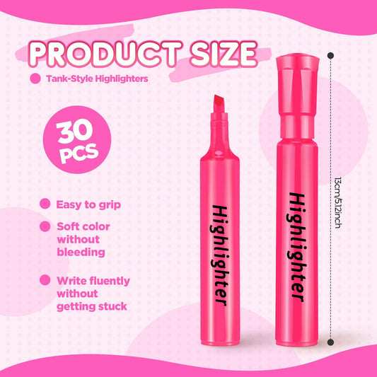 Qilery Highlighters 30 Pack Pink Tank Style Chisel Tip Quick Dry Markers