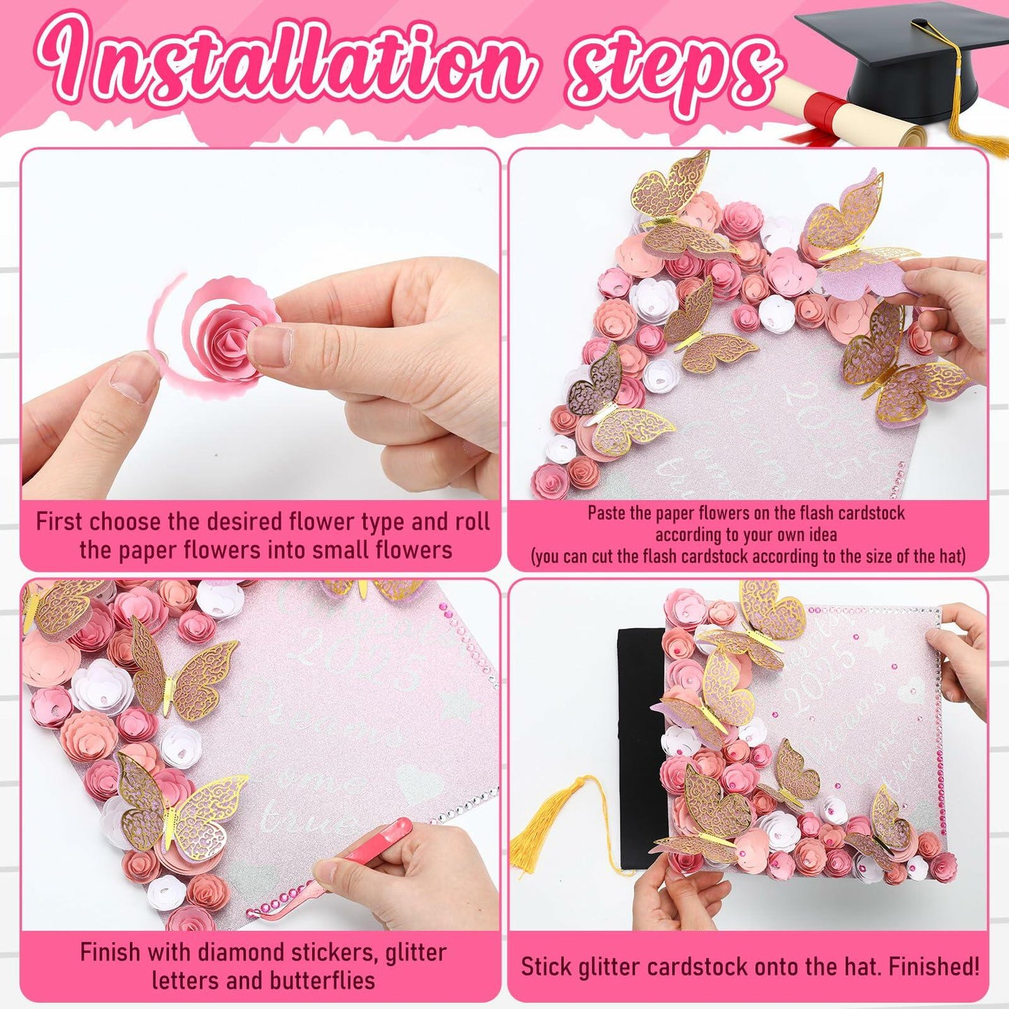 Knitgrip Graduation Cap Decoration Kit 98 Pc Pink Faux Flowers Butterfly