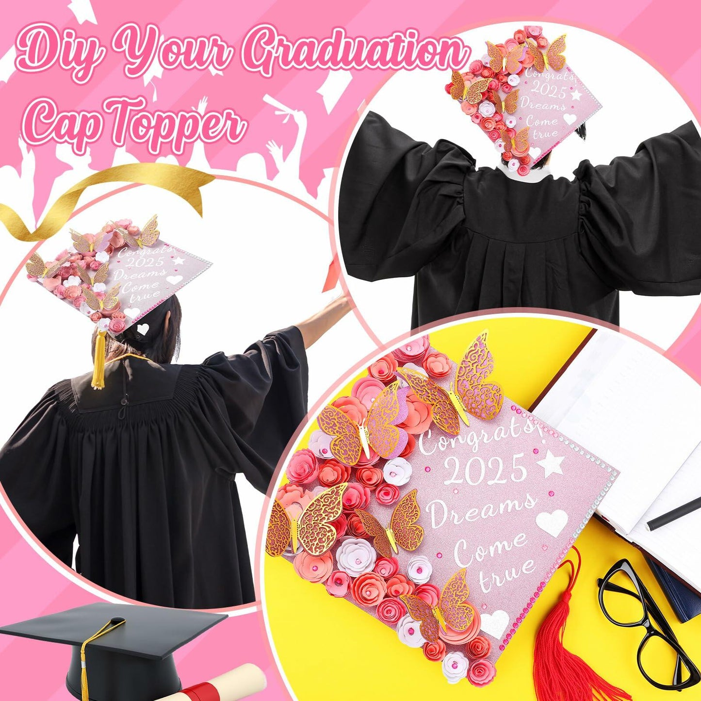 Knitgrip Graduation Cap Decoration Kit 98 Pc Pink Faux Flowers Butterfly