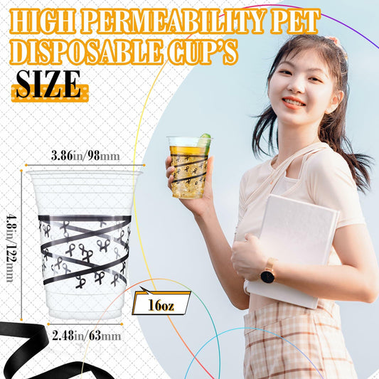 Skyley 100 Pcs 16 oz Black Rimmed Swirl Plastic Cups Disposable Party