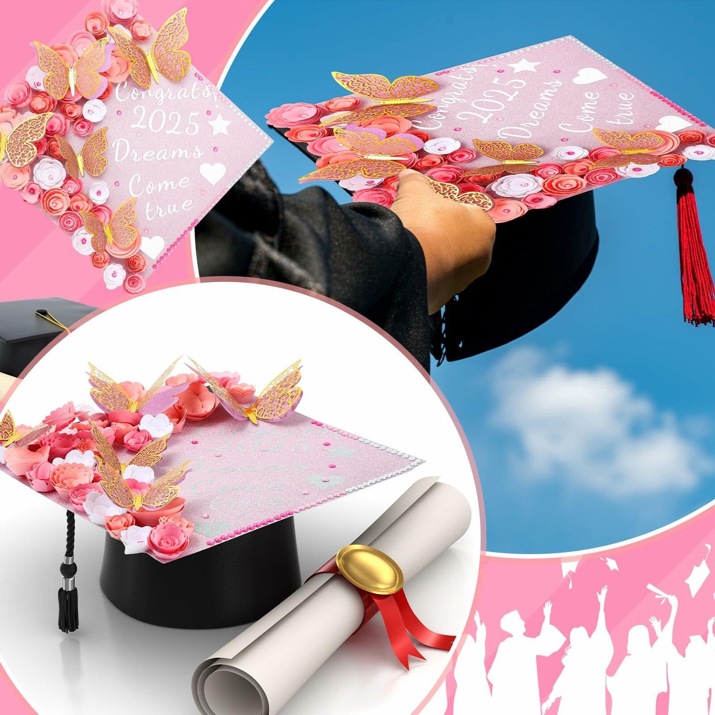 Knitgrip Graduation Cap Decoration Kit 98 Pc Pink Faux Flowers Butterfly