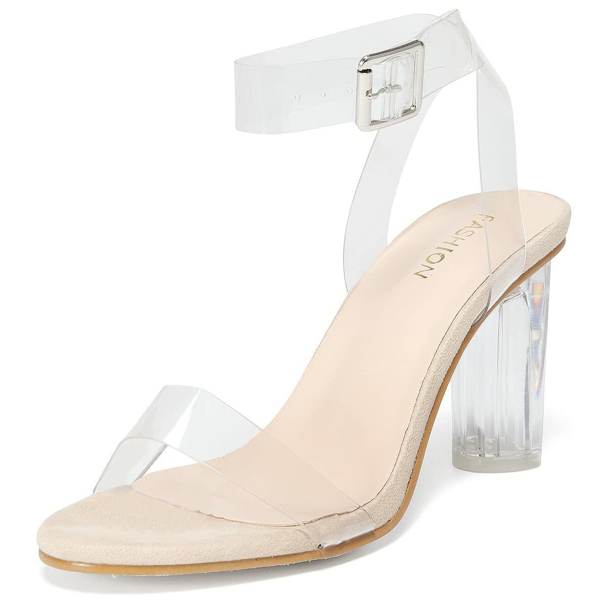 BOJIN Women Clear Heels Sandals Open Toe Ankle Strap Chunky Heel Nude Size 9