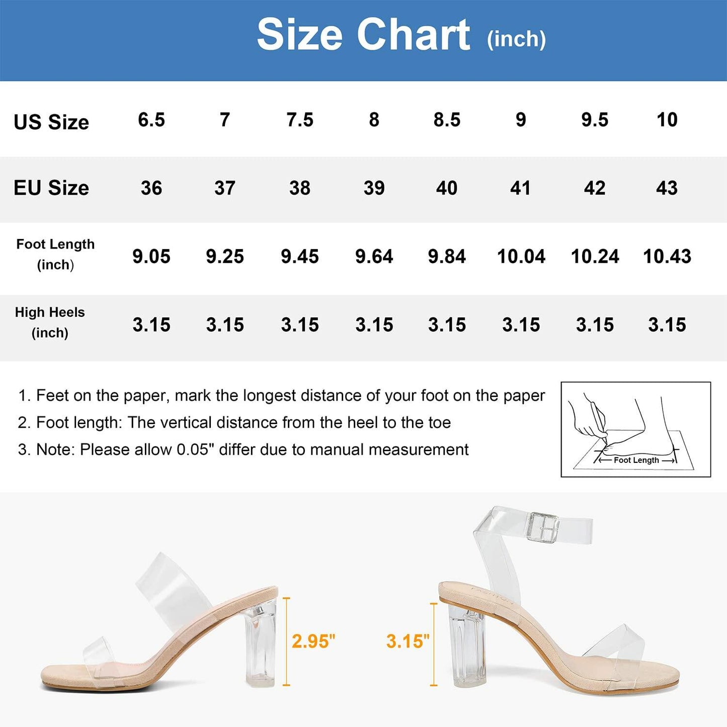 BOJIN Women Clear Heels Sandals Open Toe Ankle Strap Chunky Heel Nude Size 9
