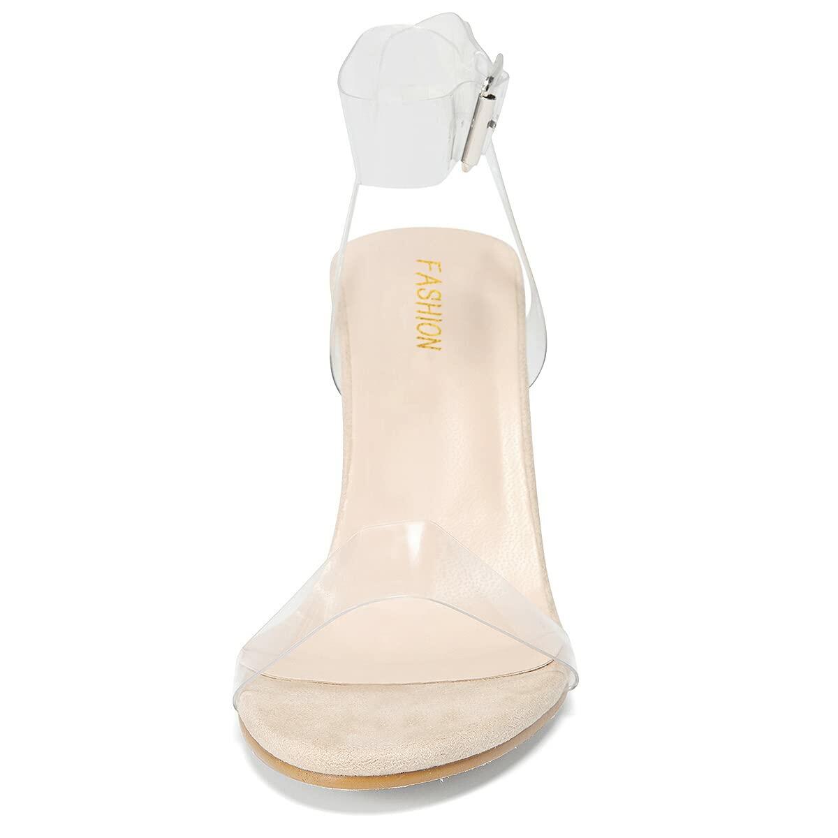 BOJIN Women Clear Heels Sandals Open Toe Ankle Strap Chunky Heel Nude Size 9