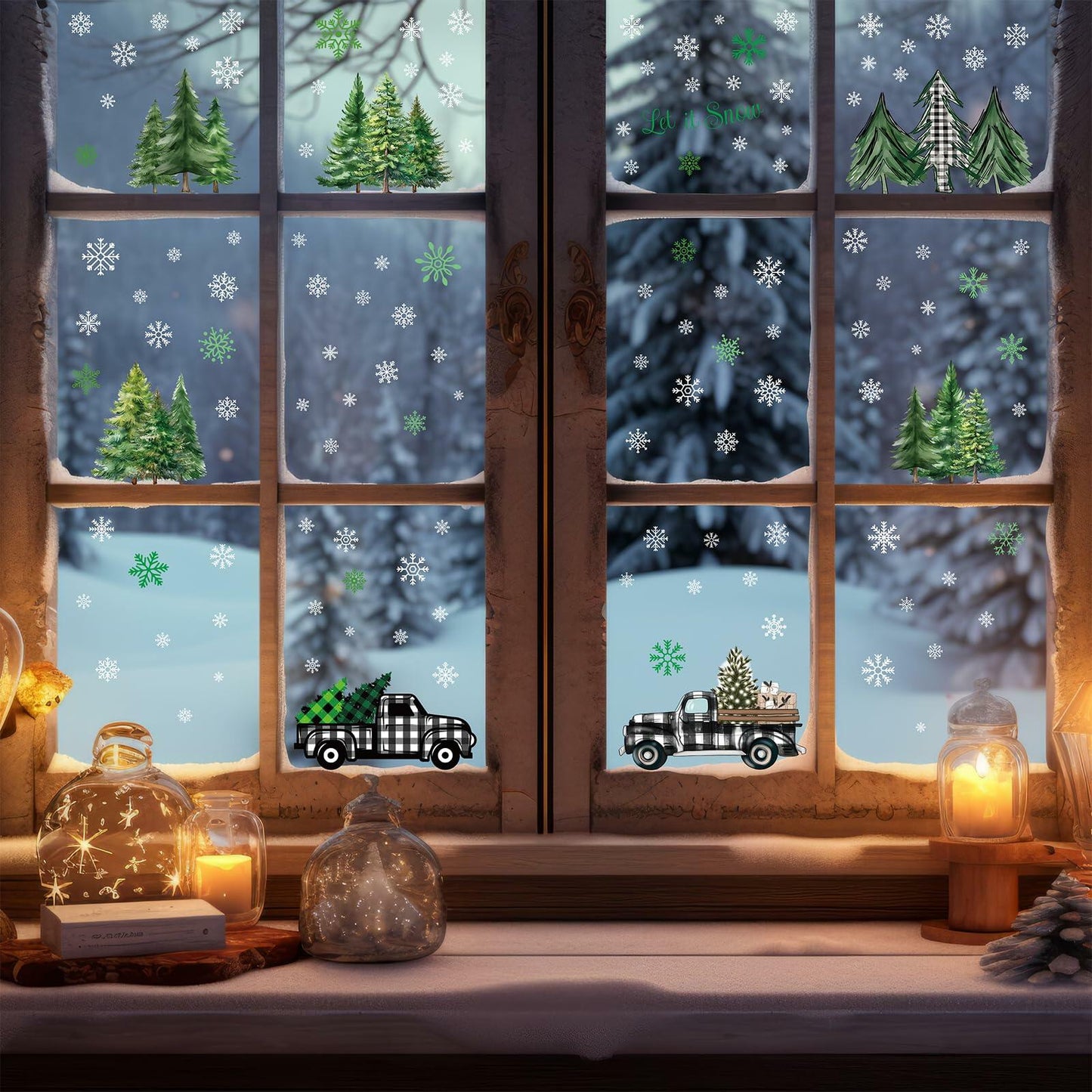 134 PCS Christmas Window Stickers Buffalo Plaid Truck Snowflake Black White