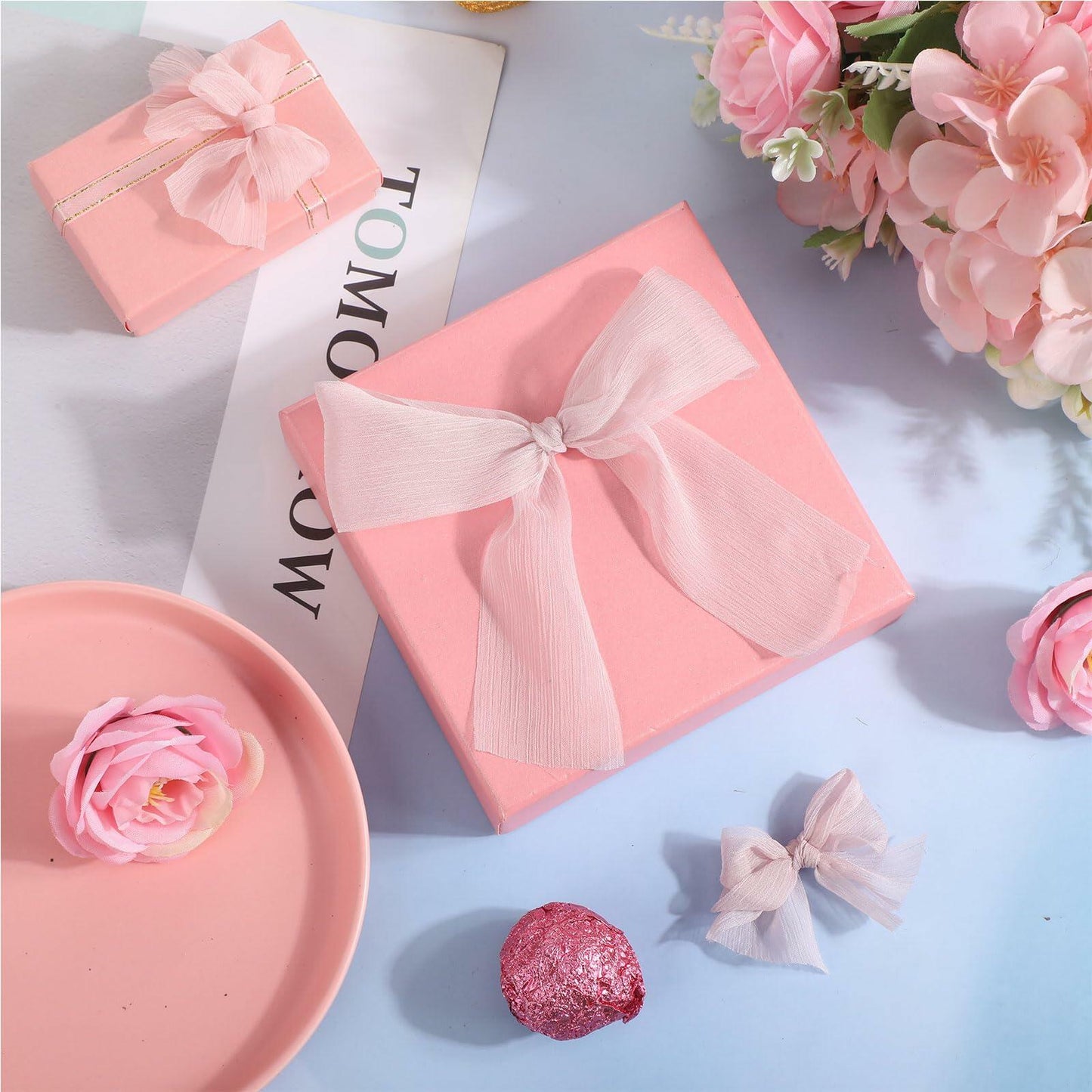 Lyrow 4 Rolls Crinkle Chiffon Ribbon 1.5in 22yd Light Pink Handmade Tulle