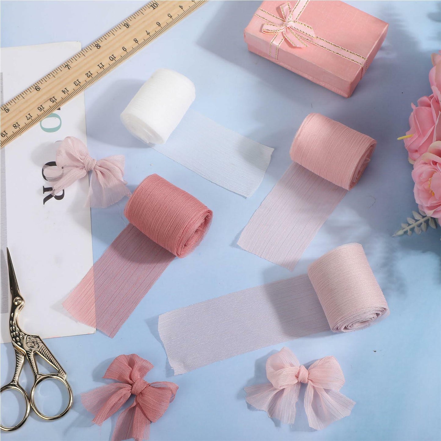 Lyrow 4 Rolls Crinkle Chiffon Ribbon 1.5in 22yd Light Pink Handmade Tulle