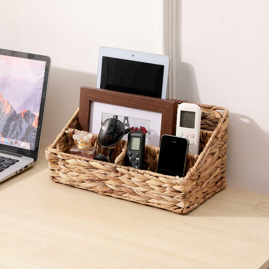 HONGTAI-1 Wicker Magazine Basket Rattan Desk Organizer 4 Compartments