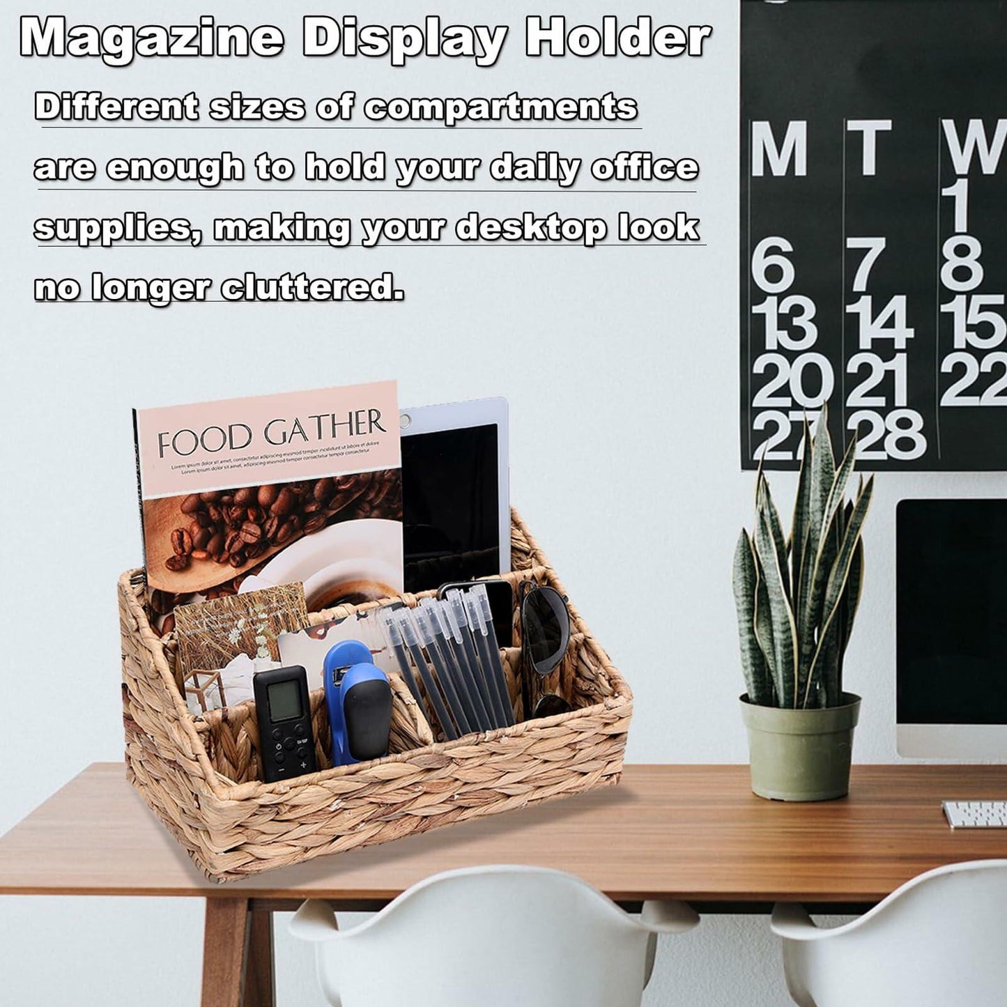 HONGTAI-1 Wicker Magazine Basket Rattan Desk Organizer 4 Compartments