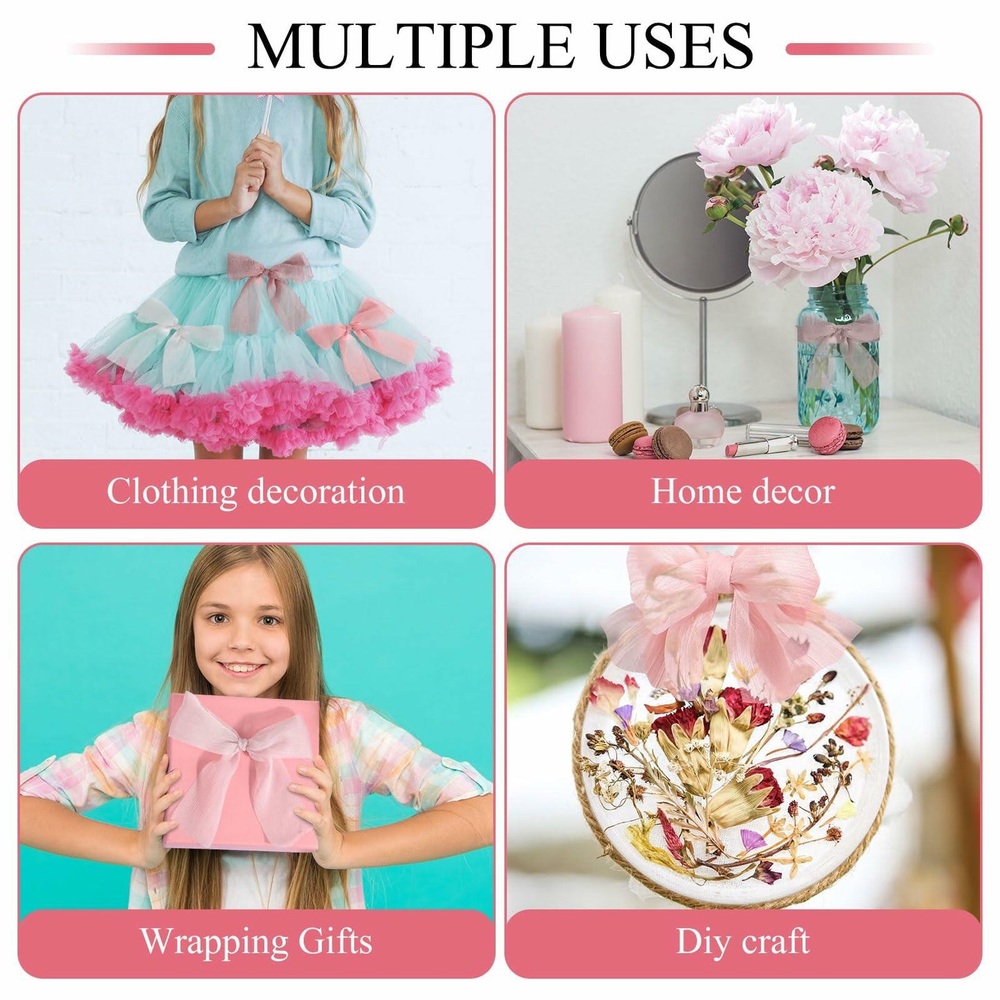 Lyrow 4 Rolls Crinkle Chiffon Ribbon 1.5in 22yd Light Pink Handmade Tulle