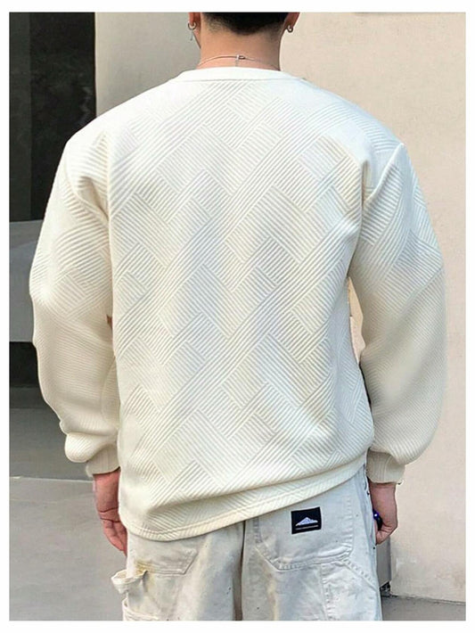 Verdusa Men's Ribbed Round Neck Long Sleeve T-Shirt Beige Size XL