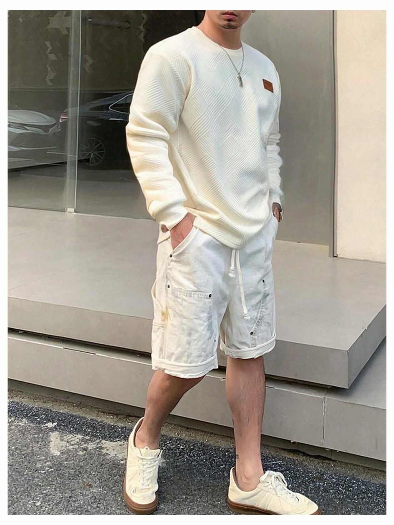 Verdusa Men's Ribbed Round Neck Long Sleeve T-Shirt Beige Size XL