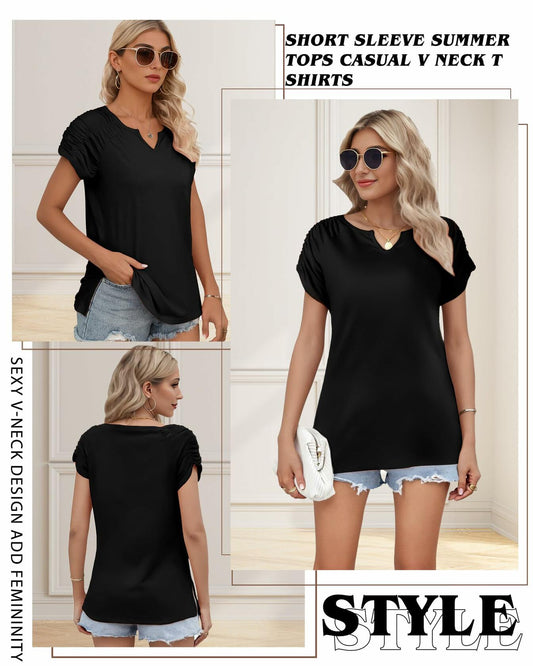 AURUZA Women's V Neck Short Sleeve Casual Shirt Blue Size S