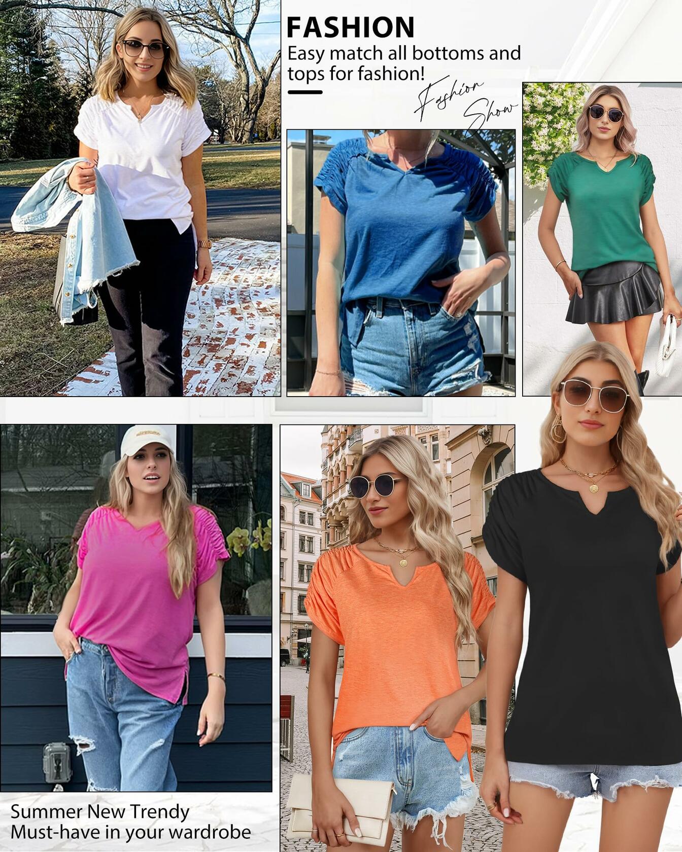 AURUZA Women's V Neck Short Sleeve Casual Shirt Blue Size S