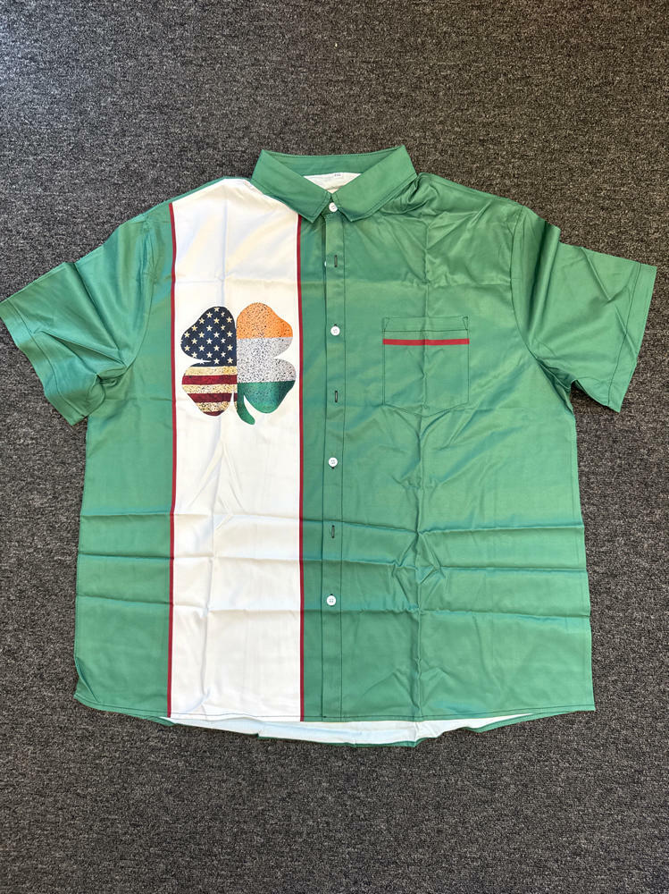 Mens St PatricksDay Flag Four Leaf Clover Button Down Shirt White Green Size 2XL
