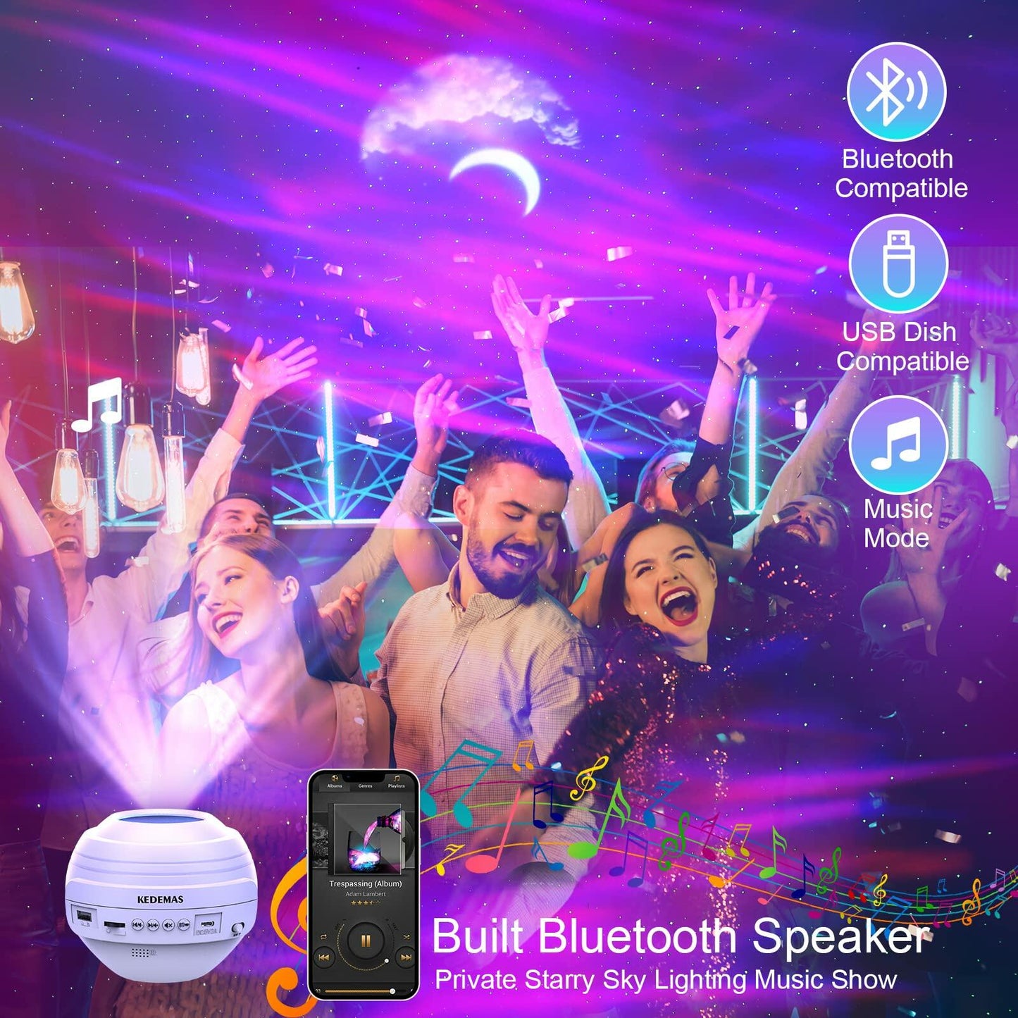 KEDEMAS Galaxy Projector with APP Remote Music Speaker Timer White