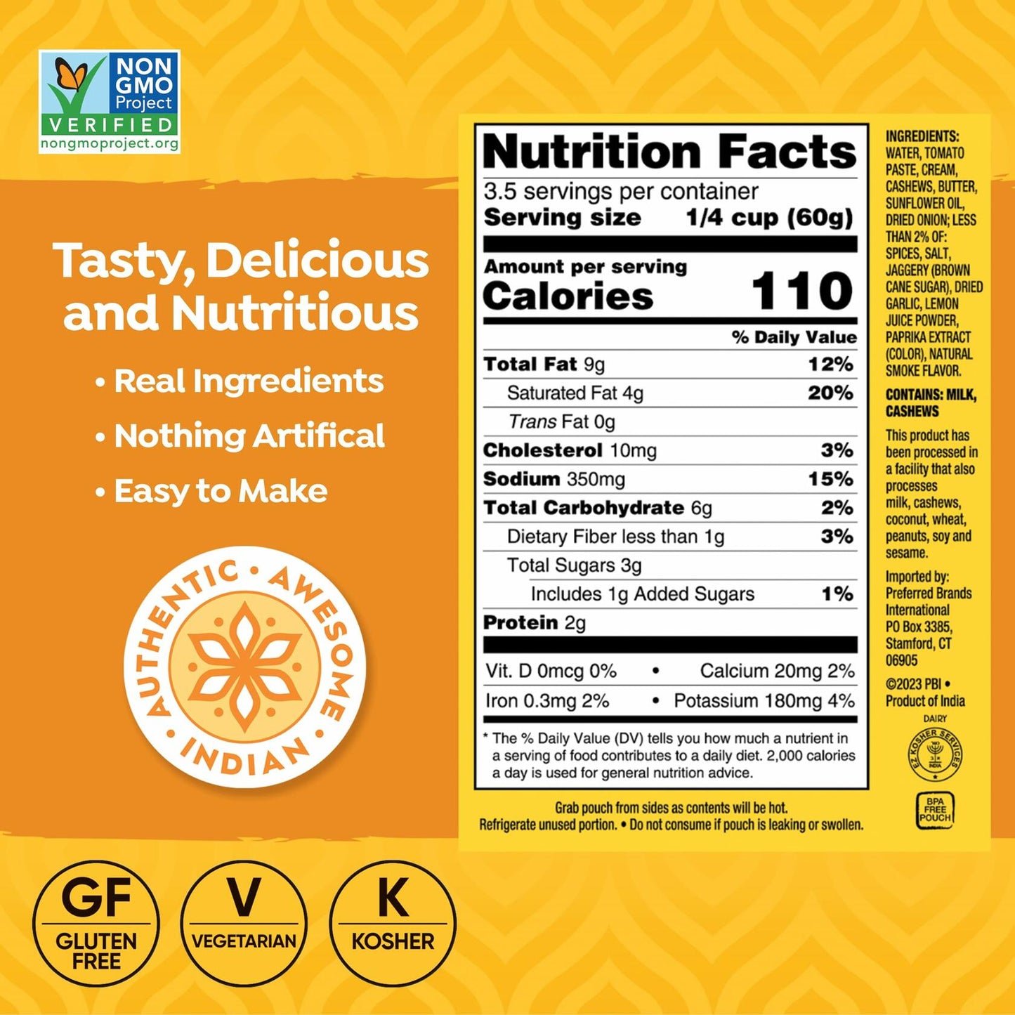 Tasty Bite Punjabi Style Butter Chicken Simmer Sauce 7oz 5-Pack Vegetarian