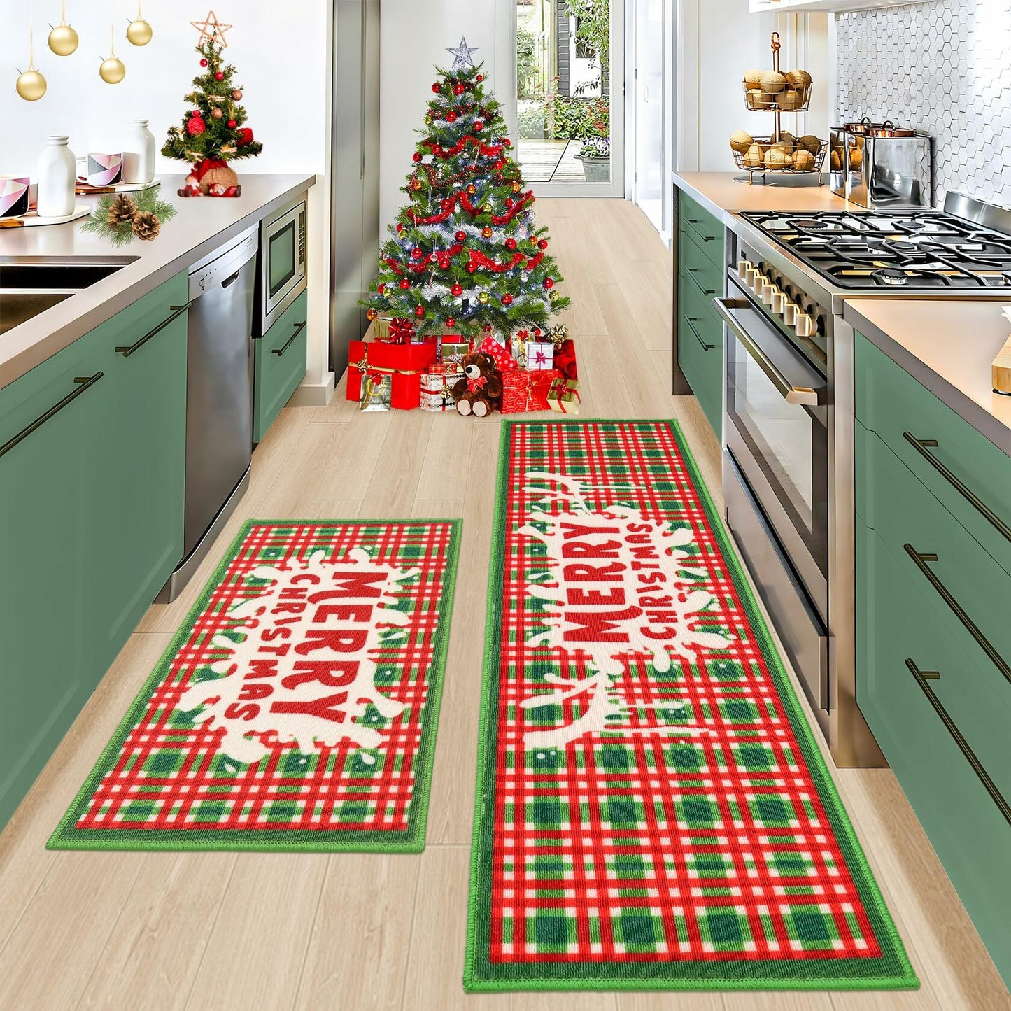 BEQHAUSE Christmas Kitchen Rugs Buffalo Plaid Non Slip Washable 17x30+17x59