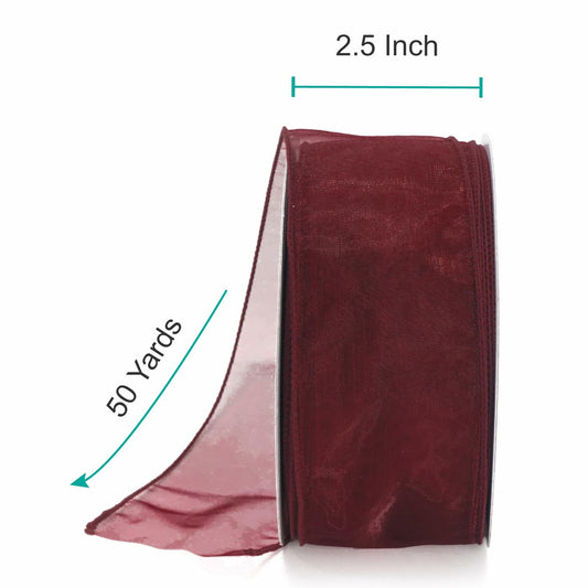 CT CRAFT LLC Sheer Organza Wired Ribbon 2.5" x 50 Yards Burgundy