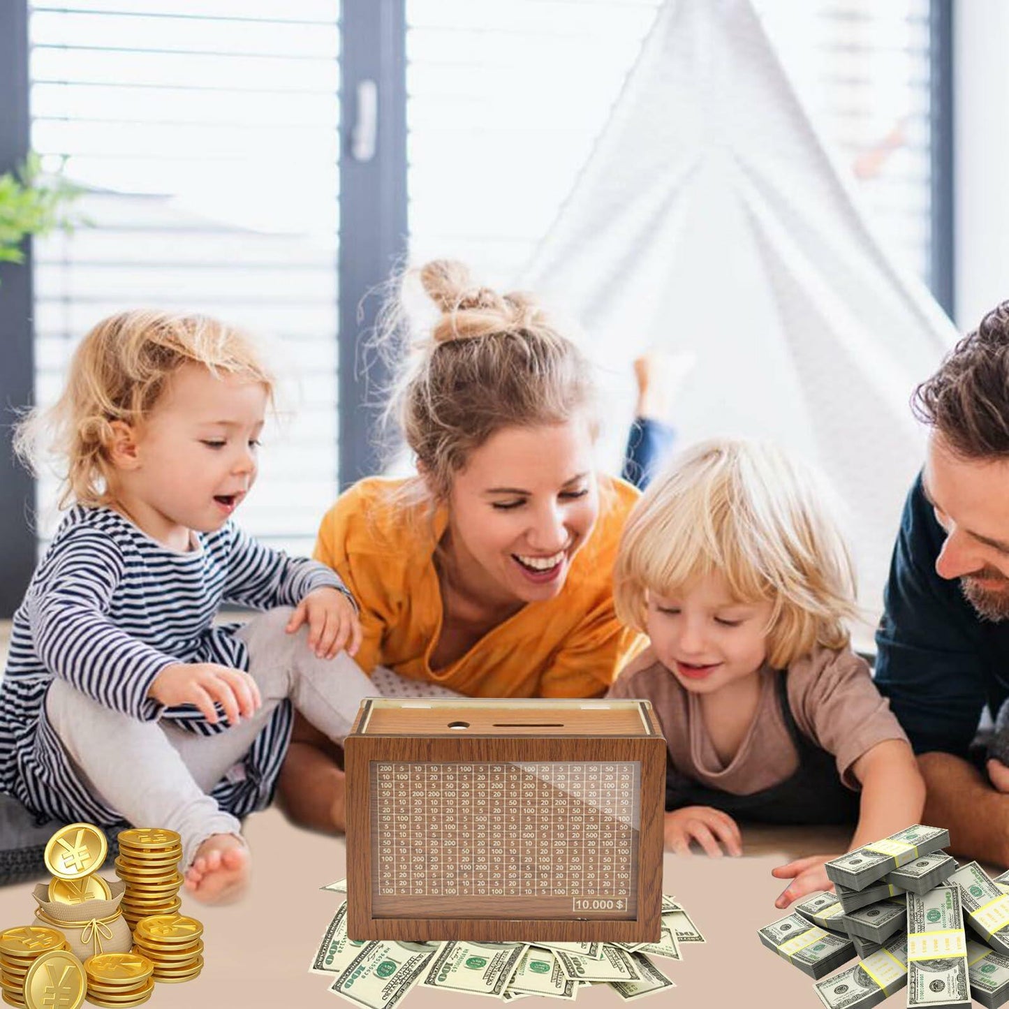 Kendyy Wooden Piggy Bank Countdown Cash Vault Brown Moon $10000