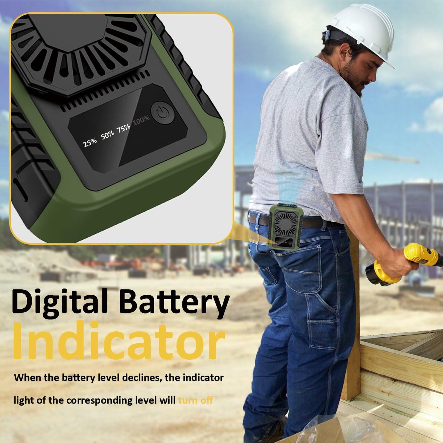 Portable Waist Clip Fan Rechargeable 6000mAh 20H 3-Speed Green