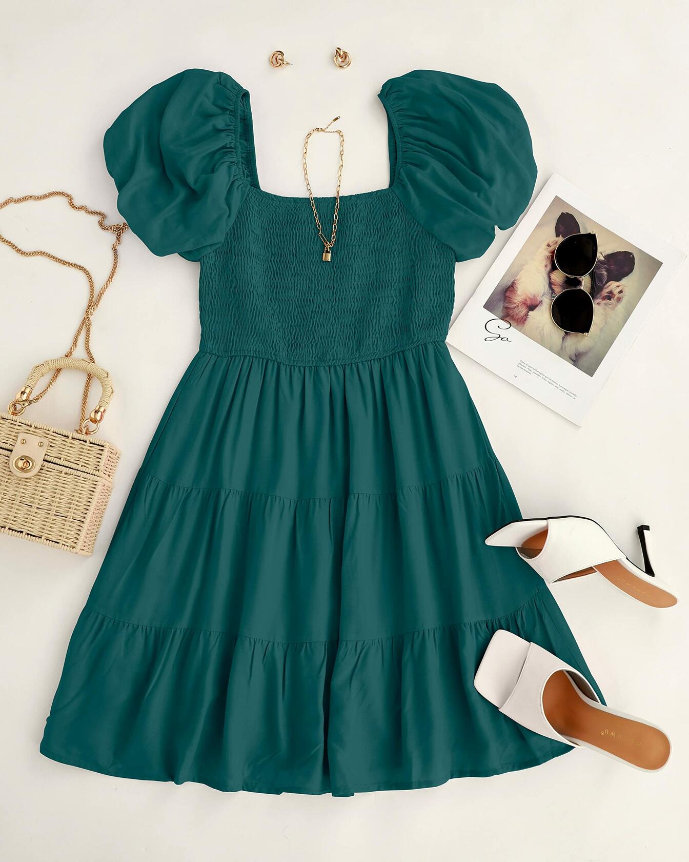 ZESICA Women's Boho Puff Sleeve Smocked Mini Dress Teal Size Small 2025