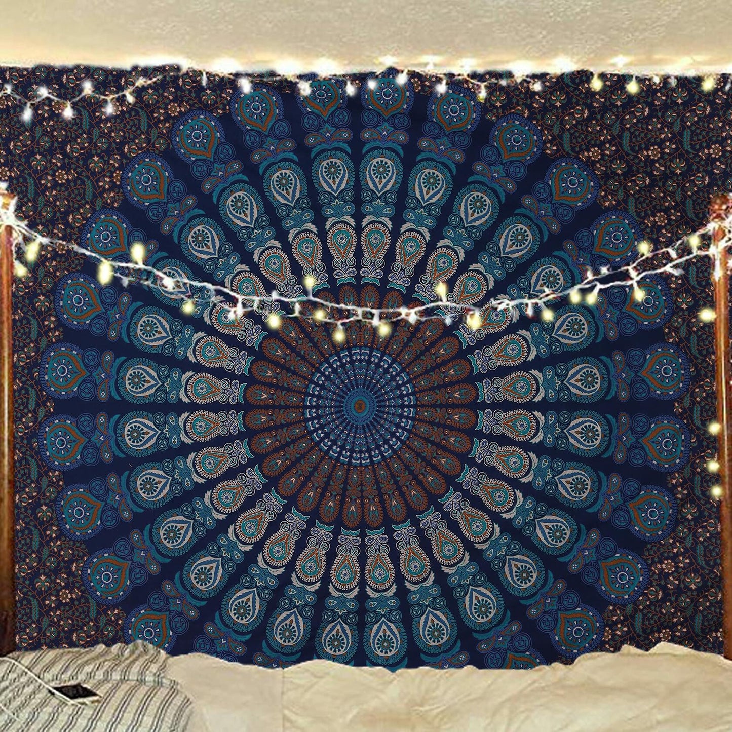 Bless Intl Peacock Mandala Tapestry King Size 88x104" Blue Green Boho Decor