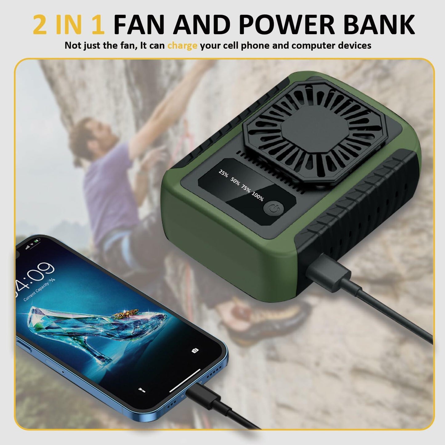 Portable Waist Clip Fan Rechargeable 6000mAh 20H 3-Speed Green