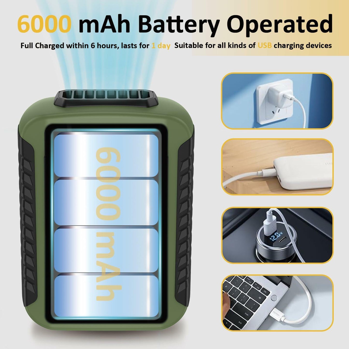 Portable Waist Clip Fan Rechargeable 6000mAh 20H 3-Speed Green