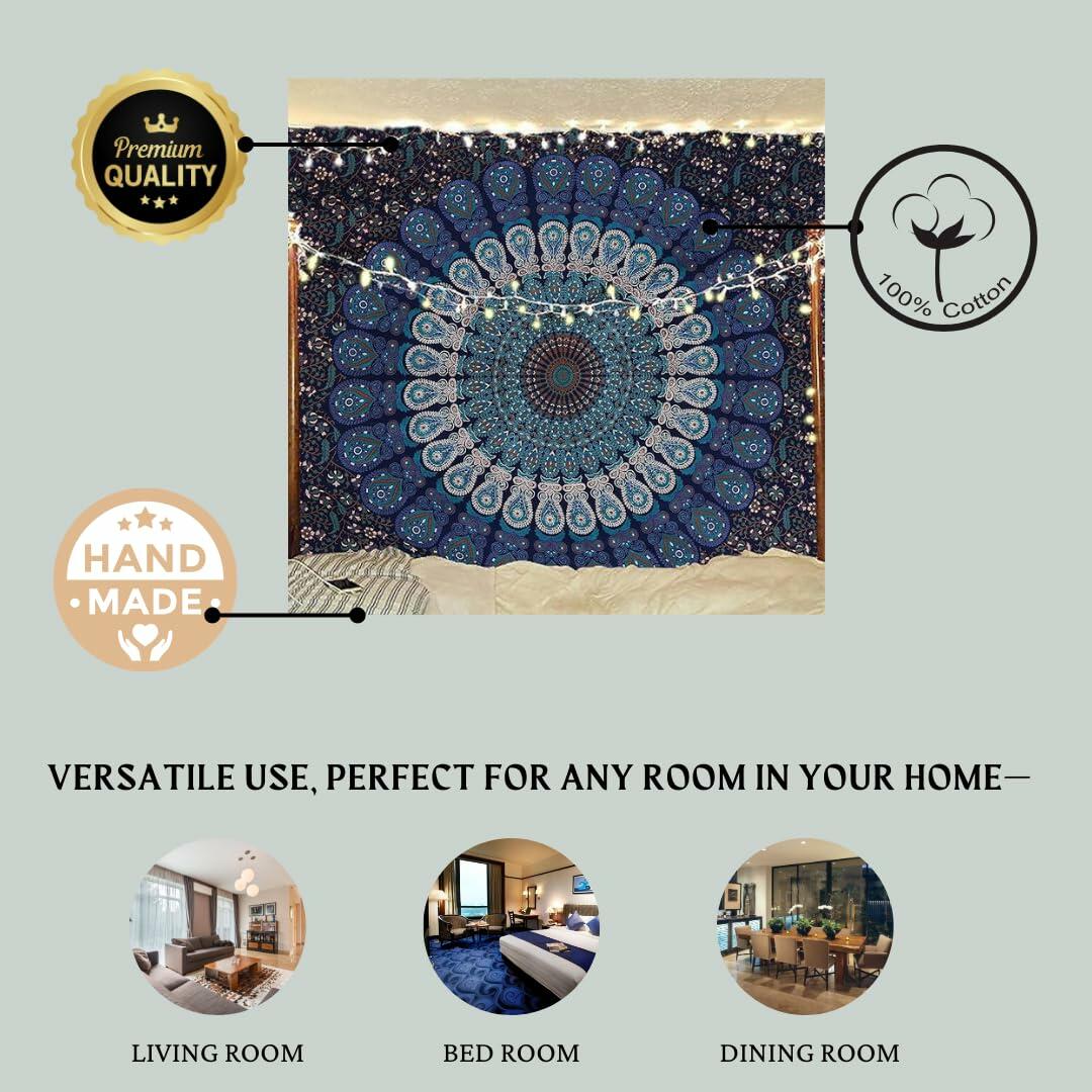 Bless Intl Peacock Mandala Tapestry King Size 88x104" Blue Green Boho Decor