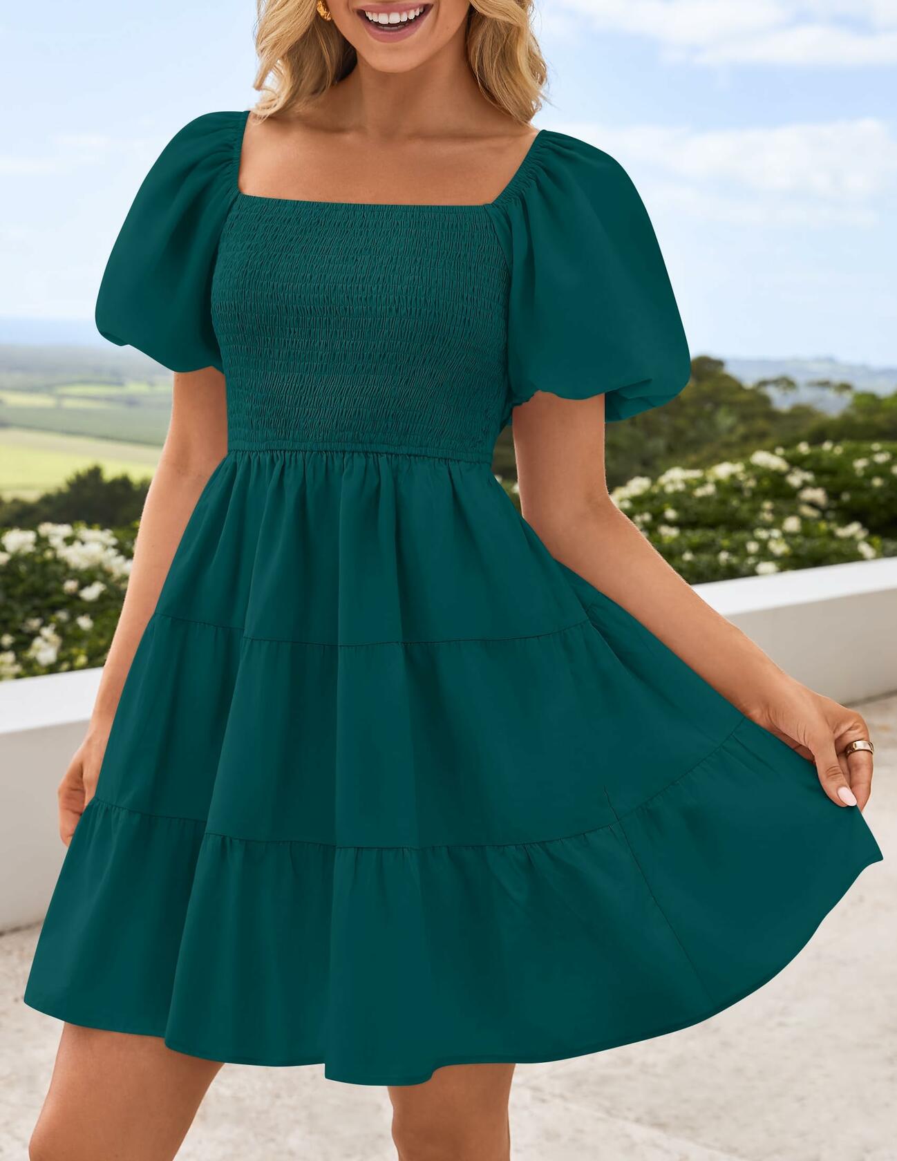 ZESICA Women's Boho Puff Sleeve Smocked Mini Dress Teal Size Small 2025